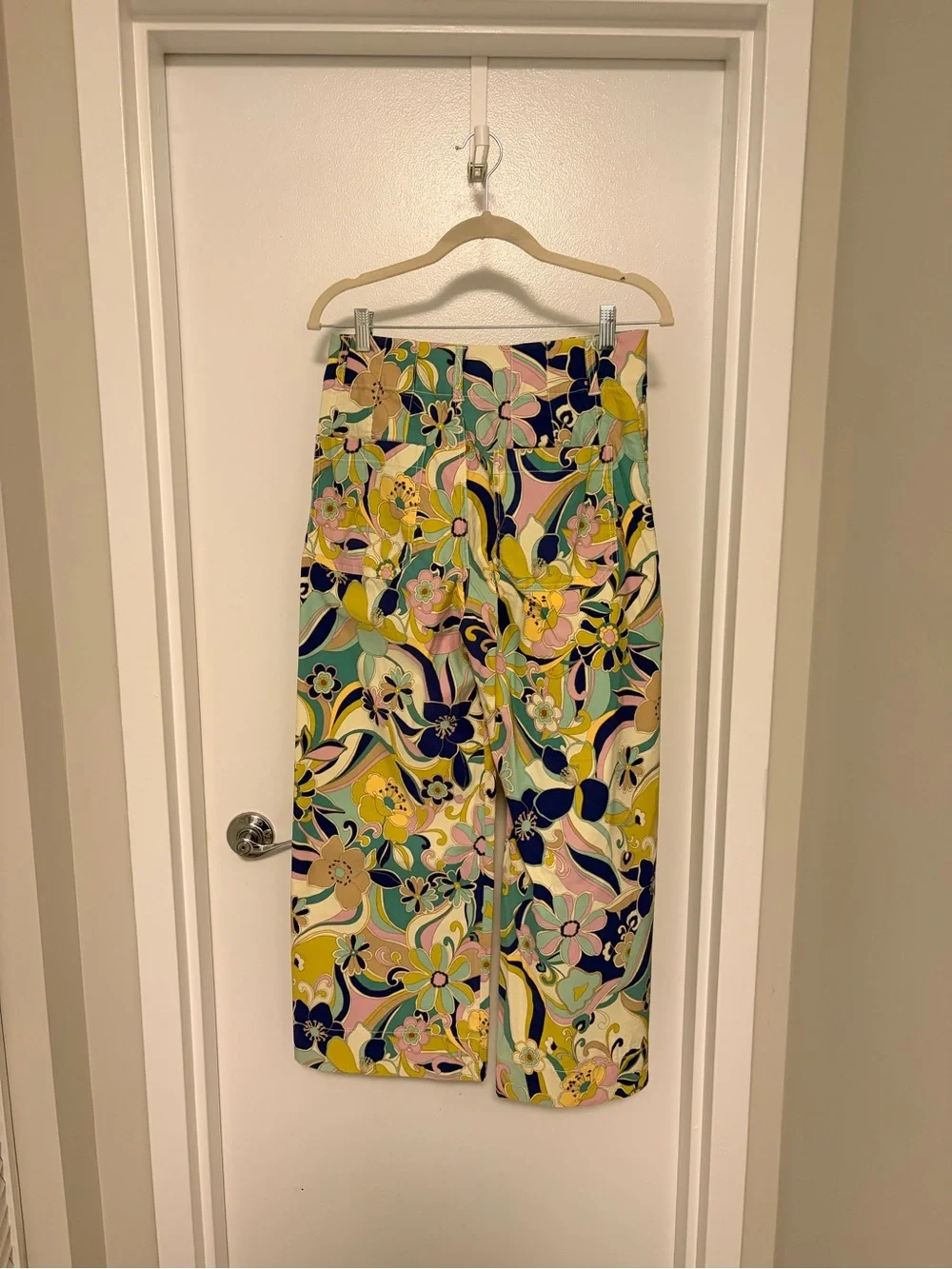 Anthropologie Cropped Floral Pants in Yellow, Pink & Navy